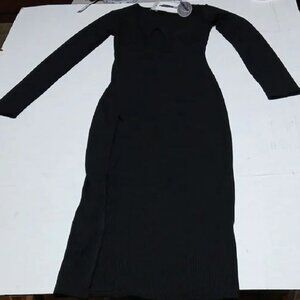 Dolls Kill Poster Grl Black Ribbed Long Sleeve Midi Dress w Slit & Cut-Out Sz XS